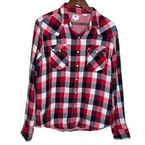 Levis Mens Button Down Shirt XL Red Black White Plaid Collared Long Sleeve